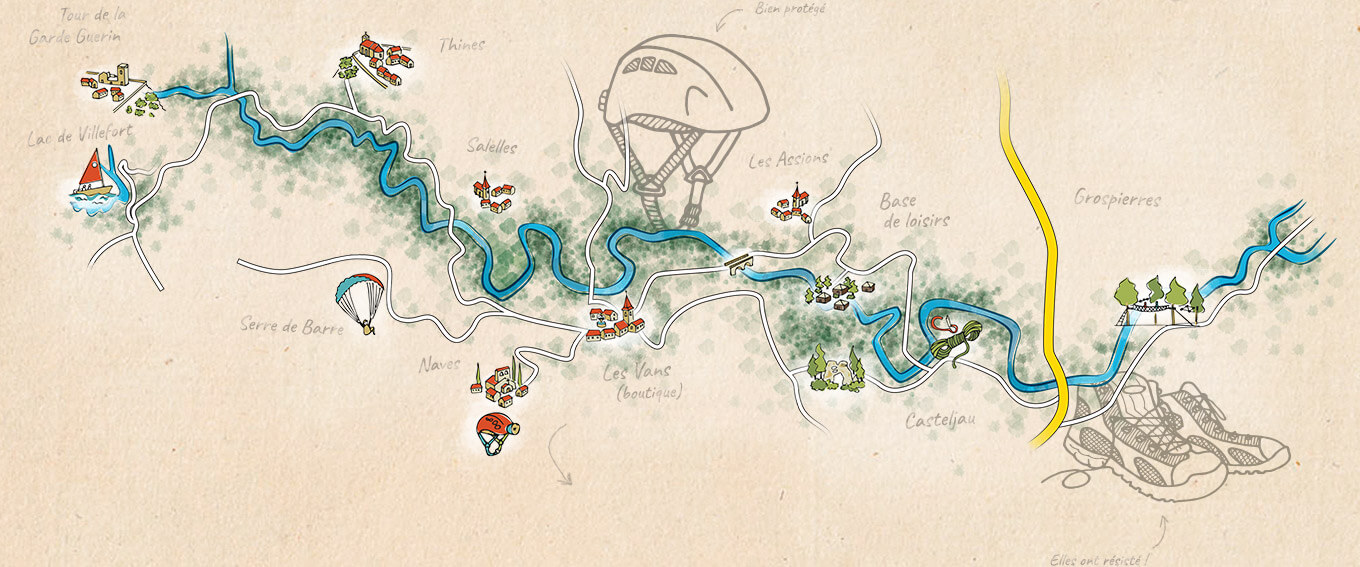 Activities map : Canoeing, canyoning, caving, adventure circuit, climbing, stand up paddle, moutain bike, etc...